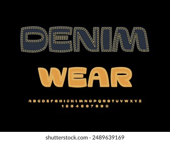 Vector stylish banner Denim Wear. Unique Jeans Font. Trendy Alphabet Letters and Numbers set.
