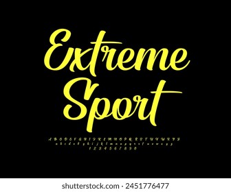 Vector con estilo Anuncio Extreme Sport. Fuente cursiva amarilla. Letras y números de alfabeto brillante y elegante.