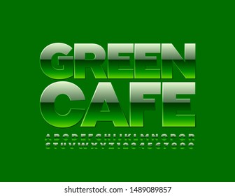Vector stylish banner Green Cafe. Bright glossy Font. Creative Alphabet Letters and Numbers.
