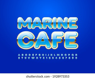Banner de diseño vectorial Marine Cafe. Fuente brillante azul y dorada. Conjunto de letras y números de alfabeto chic