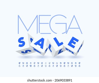 Vector Stylish Banner Mega Sale.  Original 3D cube Font. Artistic Alphabet Letters and Numbers set