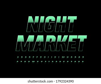 Vector stylish banner Night Market. Metallic Dark Font. Creative reflective Alphabet letters and Numbers