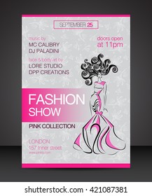 Vector Stylish Banner, Party Poster And Flyer, Brochure Design Template For Fashion Show With Silhouette Of Beautiful Woman In Evning Dress And Hairdress, Voluminous Hair, Curls. A4 Printed Material