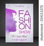 Vector stylish banner, poster and flyer for fashion show with purple silhouette of beautiful woman part of profile on left with thin headline