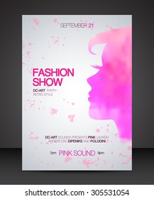 Vector Stylish Banner, Poster And Flyer For Fashion Show With Pink Silhouette Of Beautiful Woman Part Of Profile
