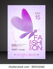 Vector stylish banner, poster and flyer for fashion show with purple watercolor silhouette of beautiful butterfly