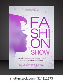 Vector Stylish Banner, Poster And Flyer For Fashion Show With Purple Silhouette Of Beautiful Woman Part Of Profile On Left With Thin Headline
