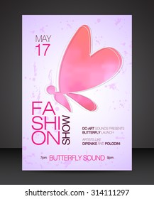 Banner, afiche y volante de diseño para un espectáculo de moda con silueta color agua rosa de hermosa mariposa y pinturas