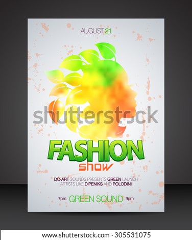 Vector stylish banner, poster and flyer for fashion show with yellow, orange and green color silhouette of beautiful woman in profile with leaves hair