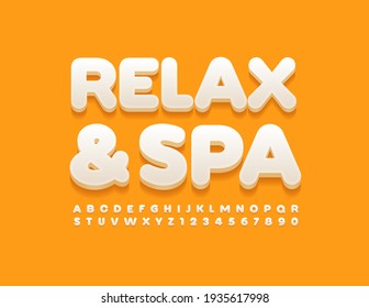 Vector elegante Banner Relax and Spa. Fuente 3D blanca moderna. Conjunto de letras y números de alfabeto artístico