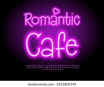 Vector Stylish banner Romantic Cafe. Pink Glowing Font. Beautiful Neon Letters and Numbers set.