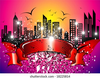VECTOR Stylish Banner scroll with industrial city sunset