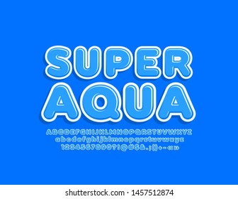 Banner elegante Super Aqua con fuente azul moderna. Letras, números y símbolos de alfabeto brillante