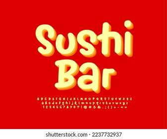 Banner de diseño vectorial Sushi Bar con fuente caligráfica única. Juego de letras, números y símbolos de alfabetos creativos