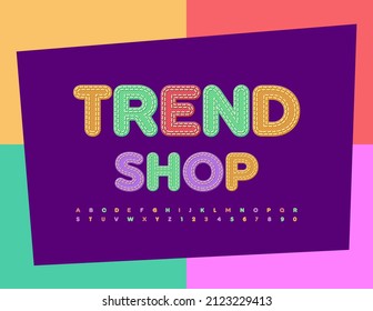 Vector stylish banner Trend Shop. Colorful denim Font. Creative Jeans Alphabet Letters and Numbers set