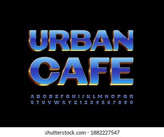 Vector stylish banner Urban Cafe. Blue and Gold luxury Font. Shiny Alphabet Letters and Numbers set