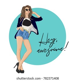 Vector stylish beautiful girl in shorts, heels, t-shirt, jacket, and sunglasses. Casual look. Fashion woman illustration. Beauty magazine poster. Trendy awesome street style outfit.Glamour model print