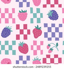 Vector stylish berry checkered y2k seamless pattern. Decorative colorful checkers and simple strawberry raspberry seamless  texture. Repeating design for fabric, wallpaper or wrapping paper.