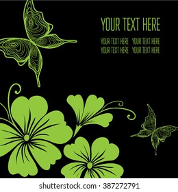 Vector stylish black floral background with butterflies - design elements can be used for invitation, greeting cards