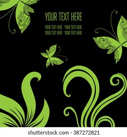 Vector stylish black floral background with butterflies - design elements can be used for invitation, greeting cards