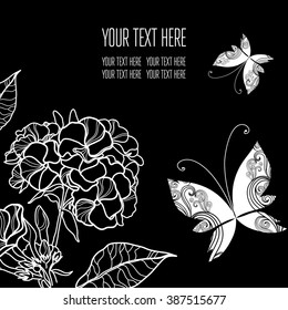 Vector stylish black floral background with butterflies - design elements can be used for invitation, greeting cards