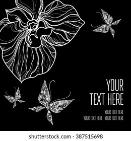Vector stylish black floral background with butterflies - design elements can be used for invitation, greeting cards