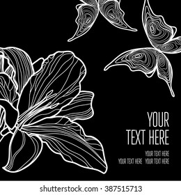 Vector stylish black floral background with butterflies - design elements can be used for invitation, greeting cards