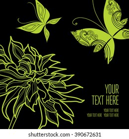 Vector stylish black floral background with butterflies - design elements can be used for invitation, greeting cards