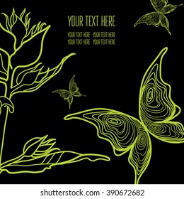 Vector stylish black floral background with butterflies - design elements can be used for invitation, greeting cards