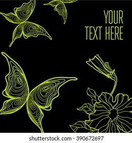 Vector stylish black floral background with butterflies - design elements can be used for invitation, greeting cards