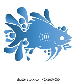 Vector Stylish Blue Silhouette Fish Isolated On White Background