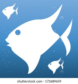Vector Stylish Blue Silhouette Fishes Isolated On Blue Background