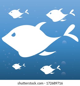 Vector Stylish Blue Silhouette Fishes Isolated On Blue Background