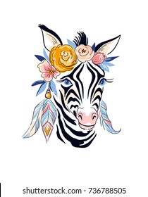 Vector stylish boho design. Hand drawn illustration with  zebra and flowers.