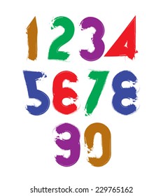 Vector stylish brush digits, handwritten numerals, sans serif numbers set on white background.