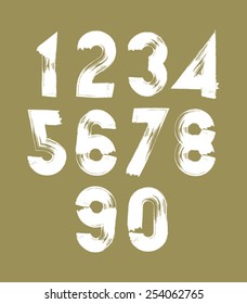 Vector stylish brush digits, handwritten numerals, white numbers set on dark background.