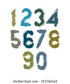 Vector stylish brush digits, handwritten numerals, sans serif numbers set on white background.