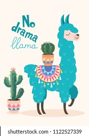 Vector stylish cartoon lama with ornament design and cactus. No drama llama poster.