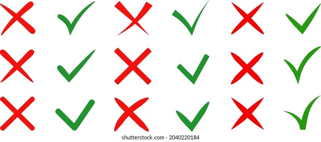 Vector stylish check marks big set. Green tick and red cross in different shapes. YES or NO accept and decline symbol. Vector icons for internet buttons props or web page.