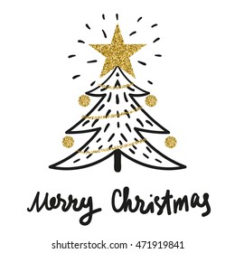 Vector stylish Christmas background with hand written fir tree, sparkle star, Christmas balls and hand written text "Merry Christmas". 