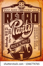 Vector Stylish Color Retro Party Template with Guitar.