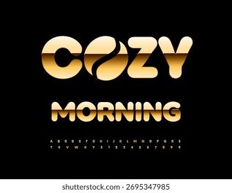 Vector Concepto elegante Mañana acogedora. Fuente de élite dorada. Conjunto de letras y números de alfabeto brillante
