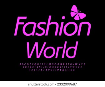 Diseño vectorial Fashion World con fuente elegante. Letras y números de alfabeto rosado artístico