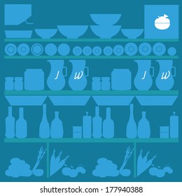 A Vector Stylish Crockery On Cupboard Background