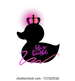 Vector stylish duck in the crown. Rubber duck sign, beauty