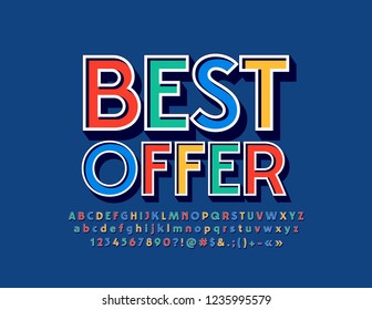 Mejor oferta de Emblem con estilo vectorial. Letras, números y símbolos luminosos de alfabeto 3D. Colorida fuente retro.