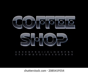 Vector stylish Emblem Coffee Shop. Black and Steel Font. 3D Original Alphabet Letters and Numbers set