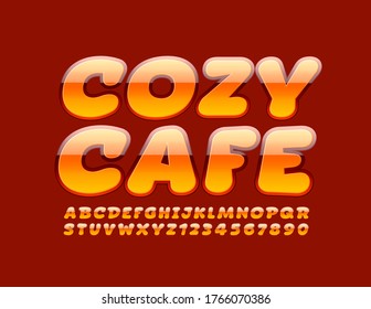 Vector stylish emblem Cozy Cafe. Glossy shiny Font. Artistic Alphabet Letters and Numbers