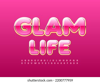 Vector Stylish Emblem Glam Life With Gold And Pink Font. Elegant Alphabet Letters And Numbers Set