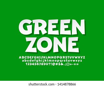 Vector stylish emblem Green Zone with modern Font. White Alphabet Letters, Numbers and Symbols